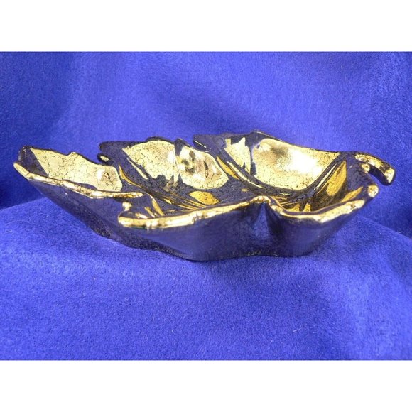 Dish Leaf Shaped Candy Vanity Trinket Pin Soap Bright Gold Tone Crackle Finish - Picture 5 of 9